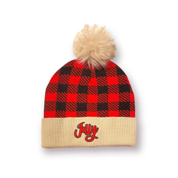 Red And Black Plaid Faux Fur Unisex Knit Winter Beanie With Pom Ball - Picture 1 of 4
